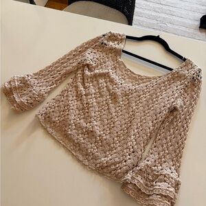 Free People Beige Crochet Bell Sleeve Top